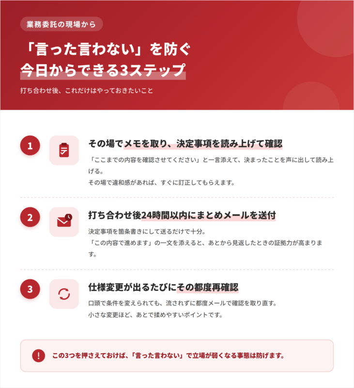 業務委託の「言った言わない」を防ぐ3ステップのイメージ